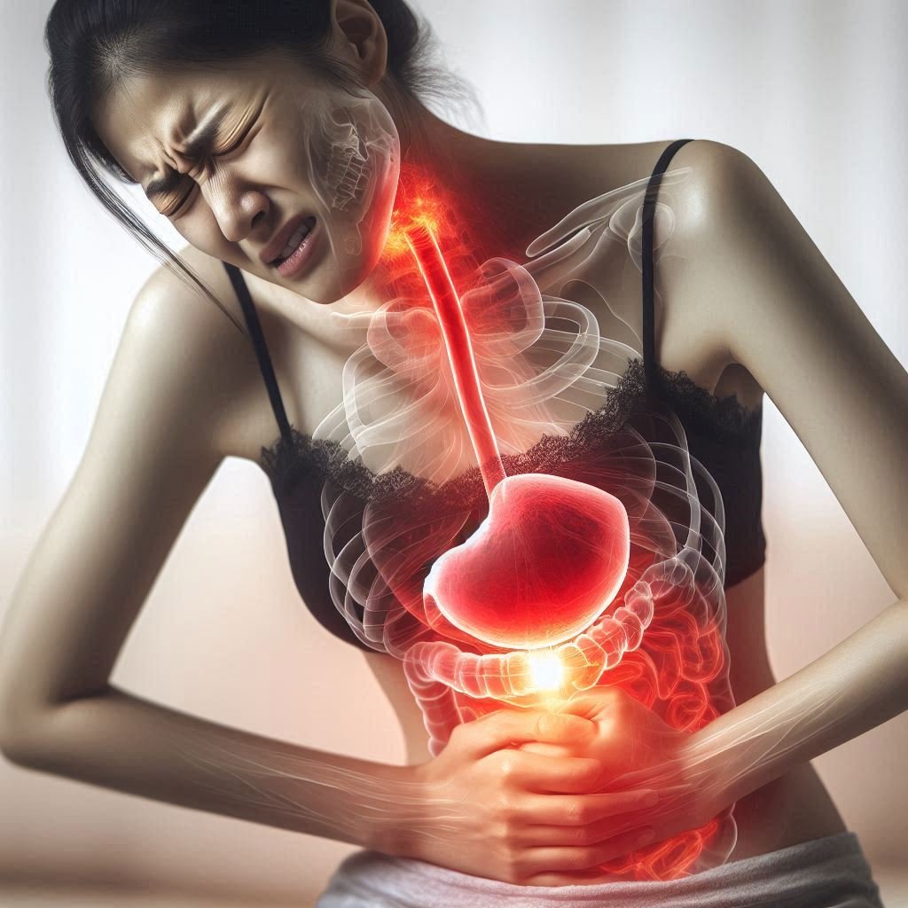 an image showing a woman having stomach pain